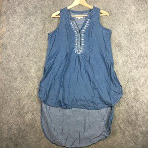 Knox Rose Tunic Top S Chambray High Low Embroidered Blue Split Sides Casual
